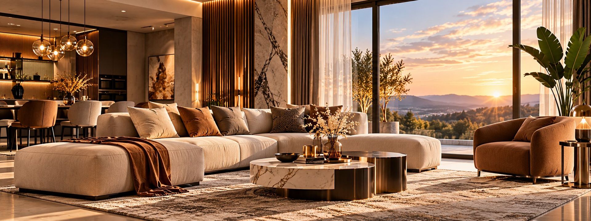 Modernes Wohnzimmer mit großem Ecksofa und Panoramafenster
