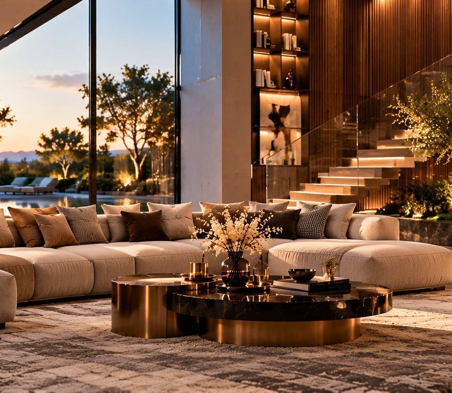 Elegantes Wohnzimmer mit Ecksofa, Kamin und Treppe