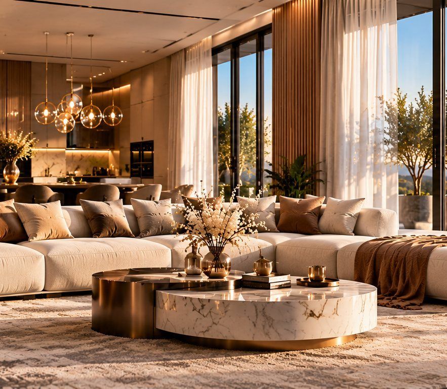 Lichtdurchflutetes Wohnzimmer mit Ecksofa und Blick ins Grüne